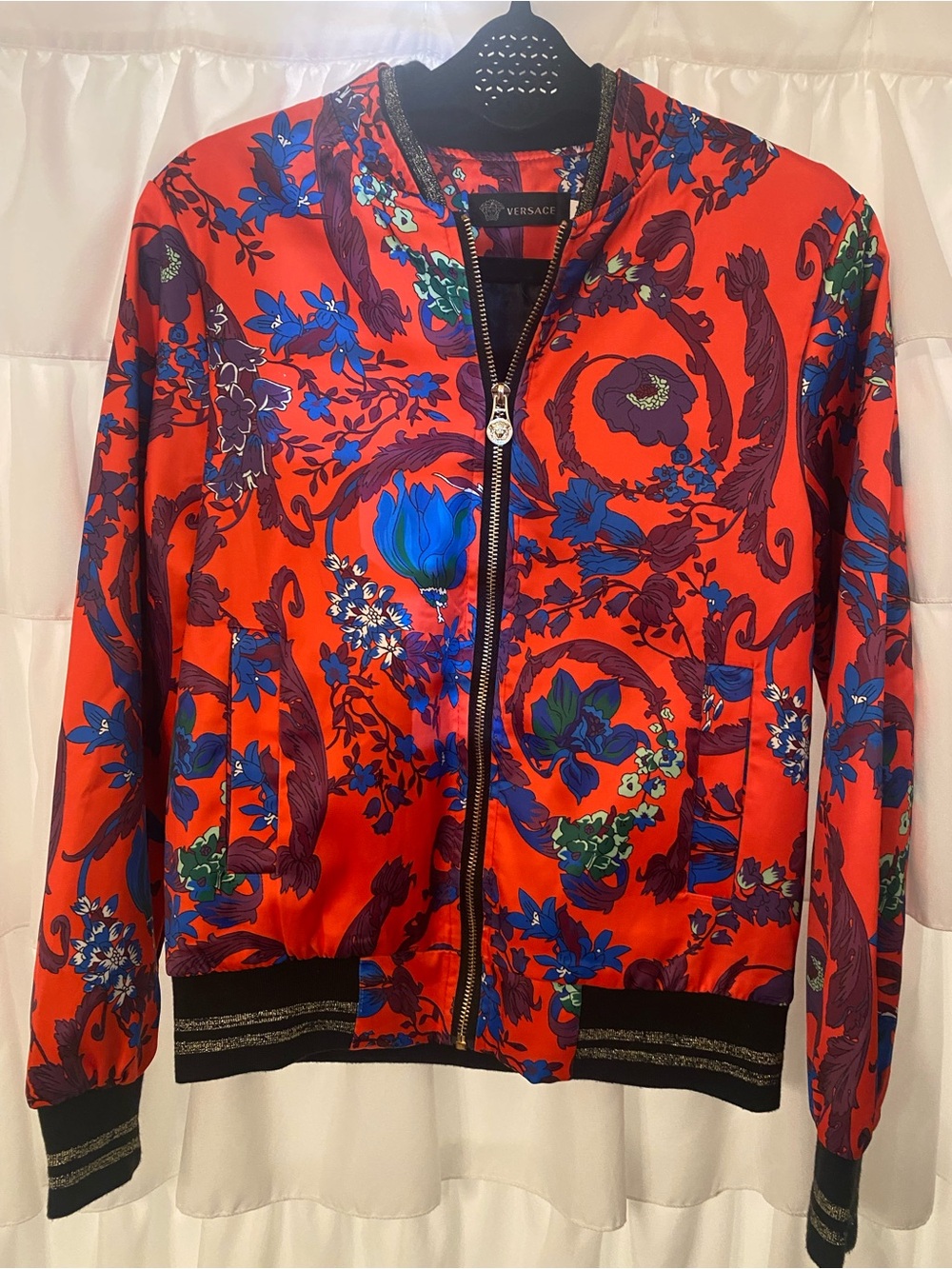 Versace Red Floral-Print Bomber Jacket with Blue Accents